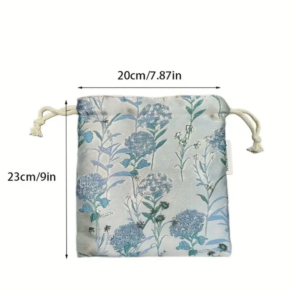 Floral Drawstring Pouch - Cream and blue